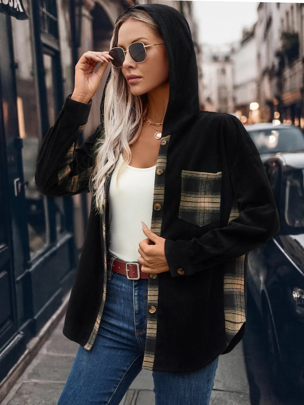 Pocketed Plaid Button Down Hooded Shacket Trendsi