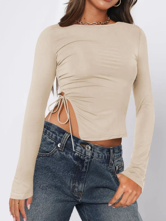 Tied Slit Round Neck Long Sleeve T-Shirt NicholesGifts