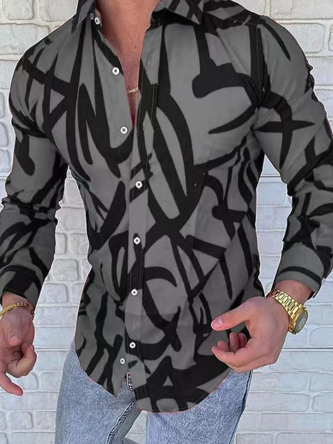Men's Plus Size Printed Button Up Long Sleeve Shirt NicholesGifts
