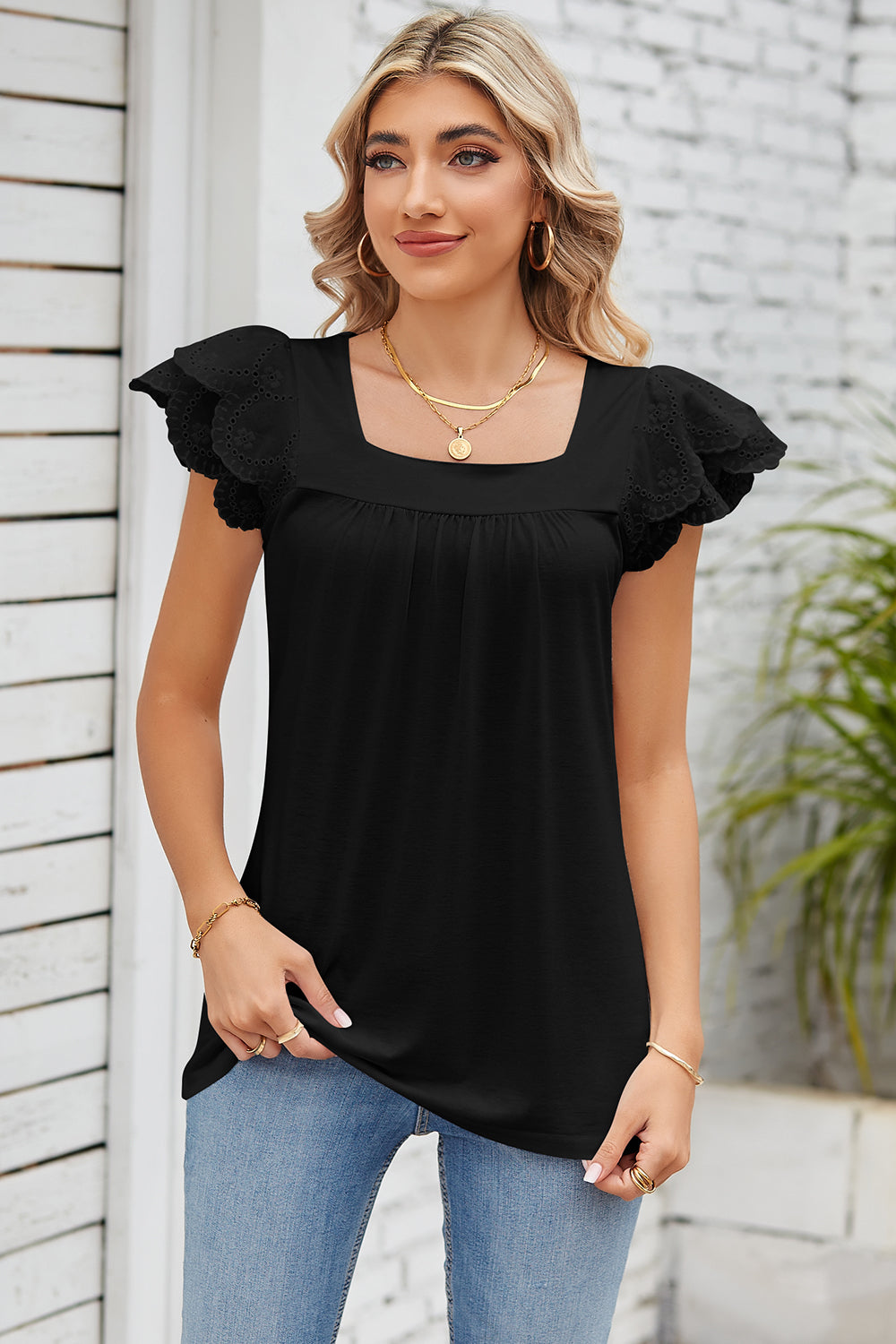 Eyelet Square Neck Cap Sleeve Blouse nicholesgifts