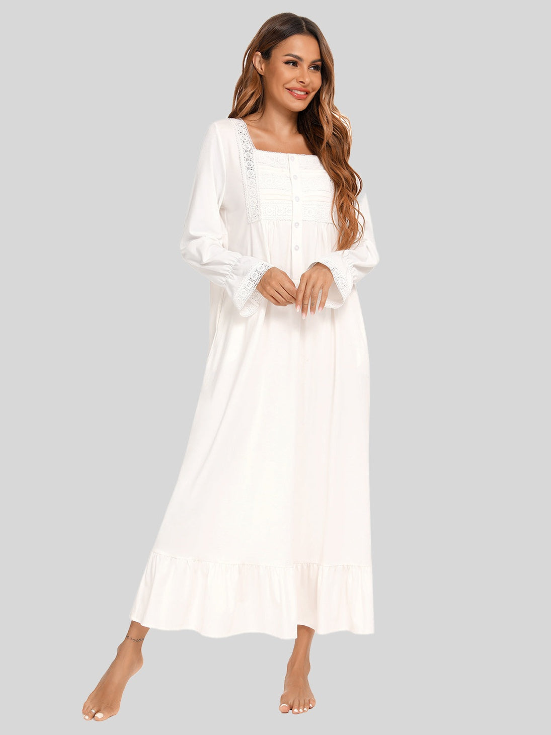 Lace Detail Square Neck Flounce Sleeve Night Dress nicholesgifts