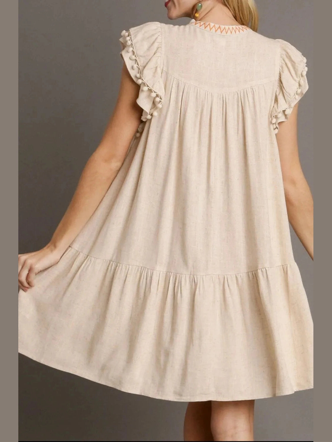 Floral Embroidery Pom Pom Ruffle Sleeves Mini Dress NicholesGifts