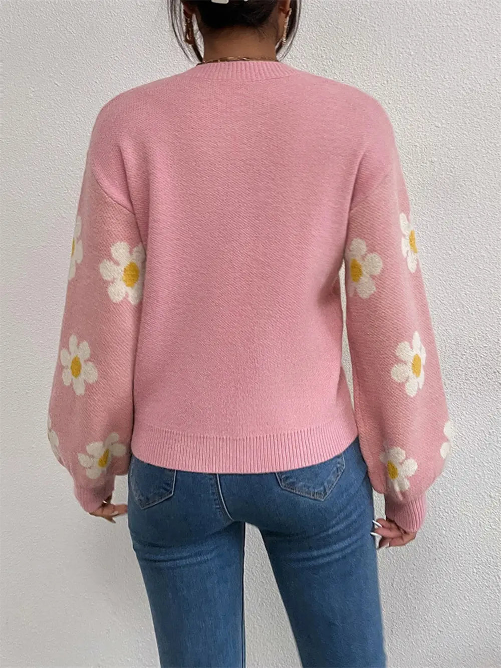 Flower Round Neck Latern Sleeve Sweater Trendsi