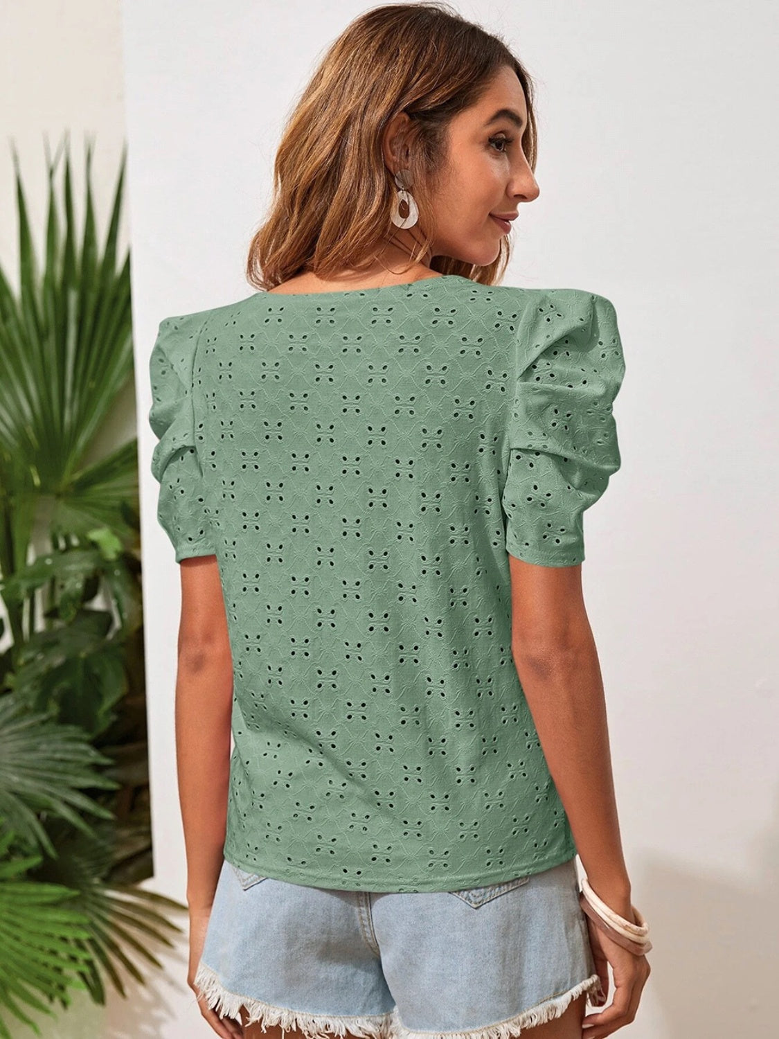 Eyelet Round Neck Puff Sleeve Blouse nicholesgifts