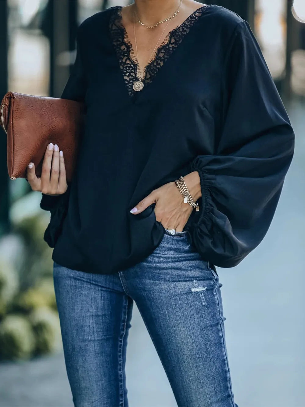 Lace Detail V-Neck Long Sleeve Blouse NicholesGifts