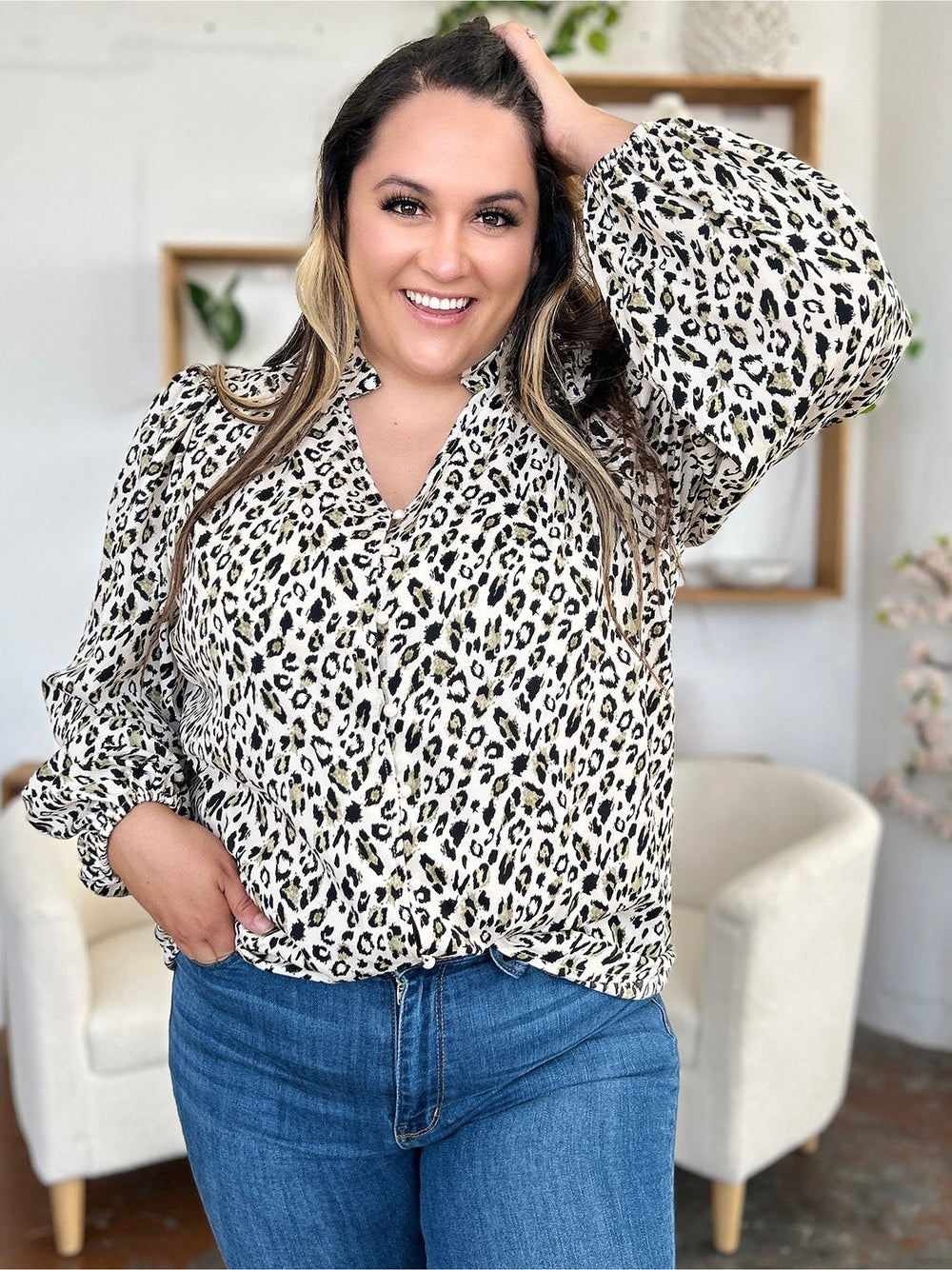 Women Double Take Full Size Leopard Long Sleeve Blouse nicholesgifts