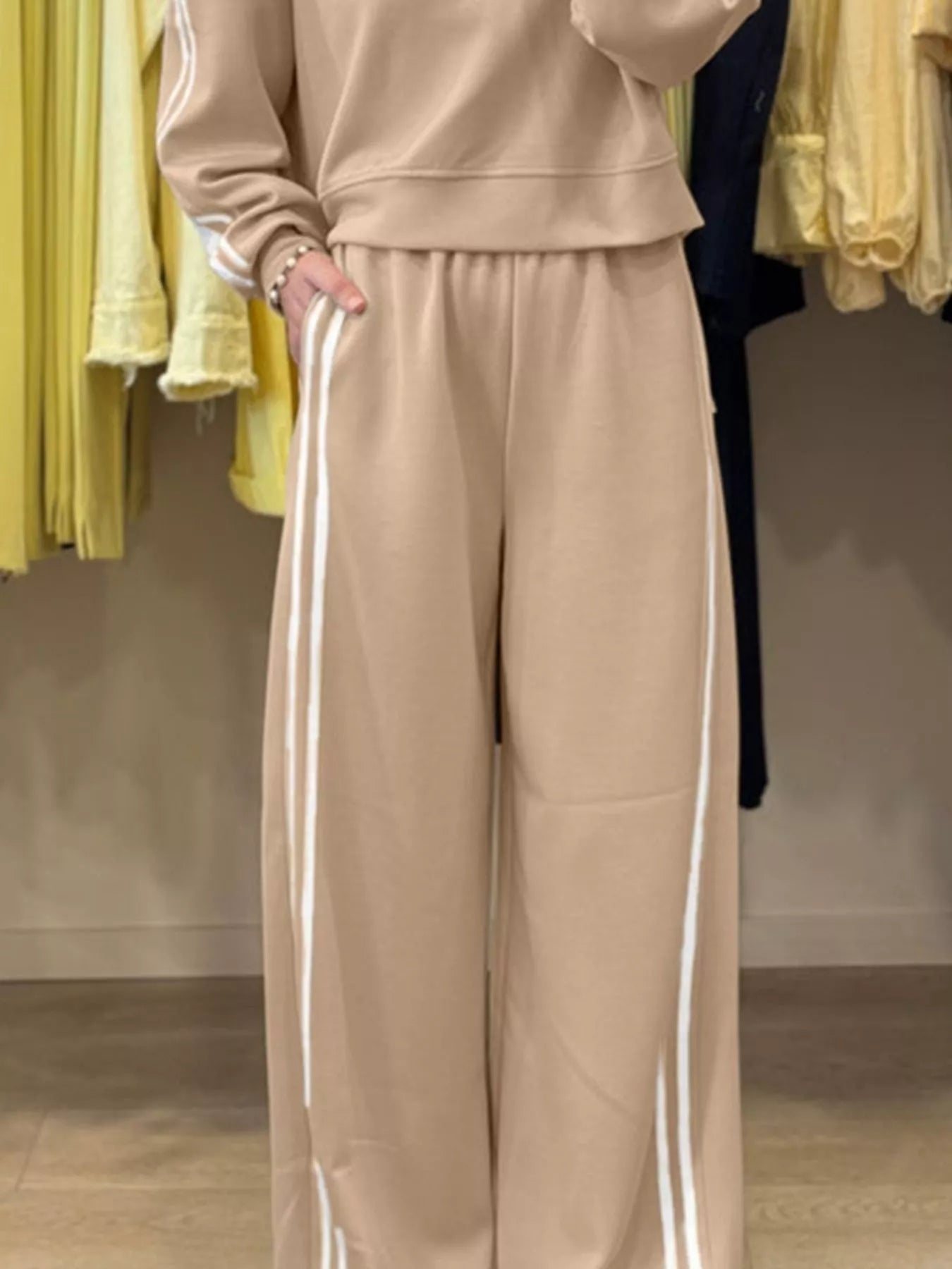Striped Detail Crewneck Top and Elastic Sweatpants 2pcs Set Trendsi