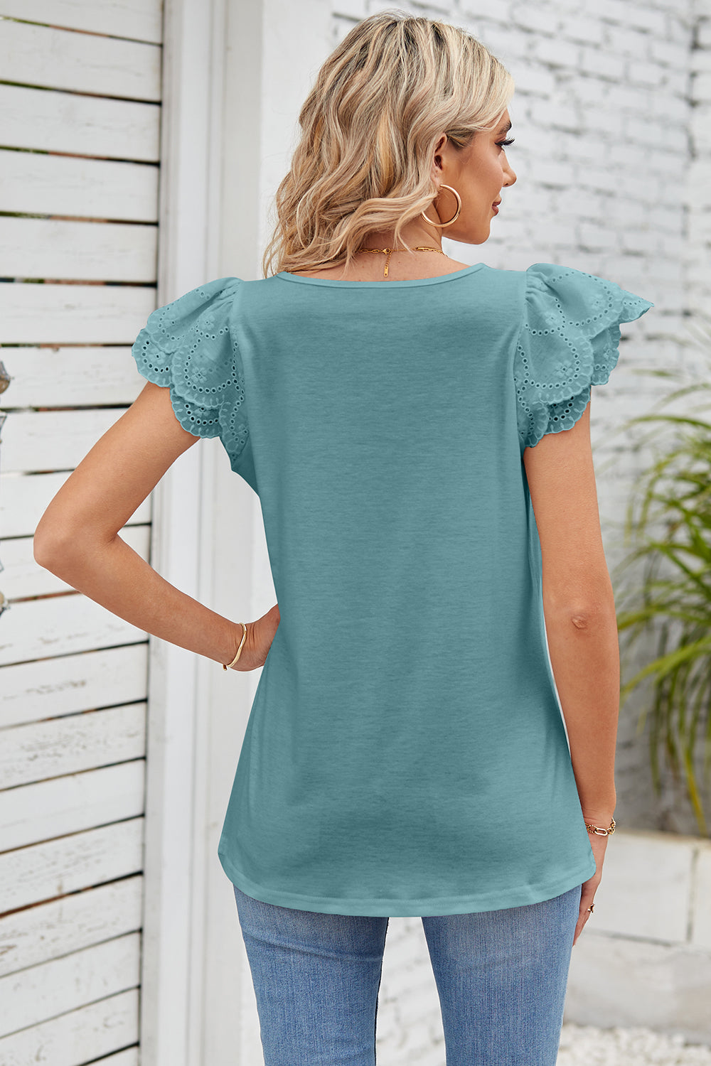 Eyelet Square Neck Cap Sleeve Blouse nicholesgifts