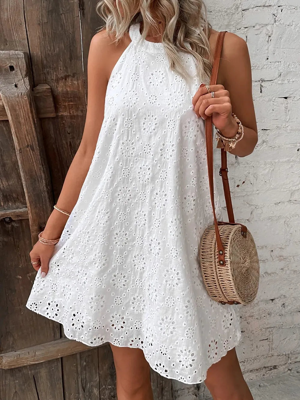 Eyelet Grecian Neck Mini Dress nicholesgifts