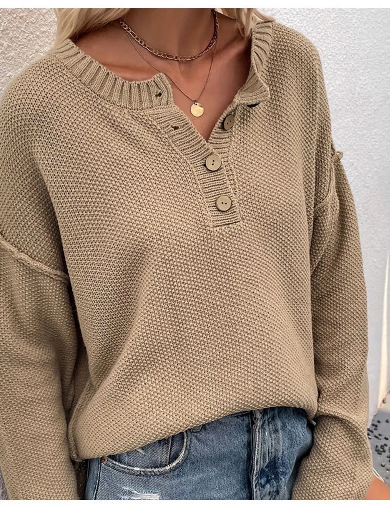 Women Button Detail Long Sleeve Knit Top
