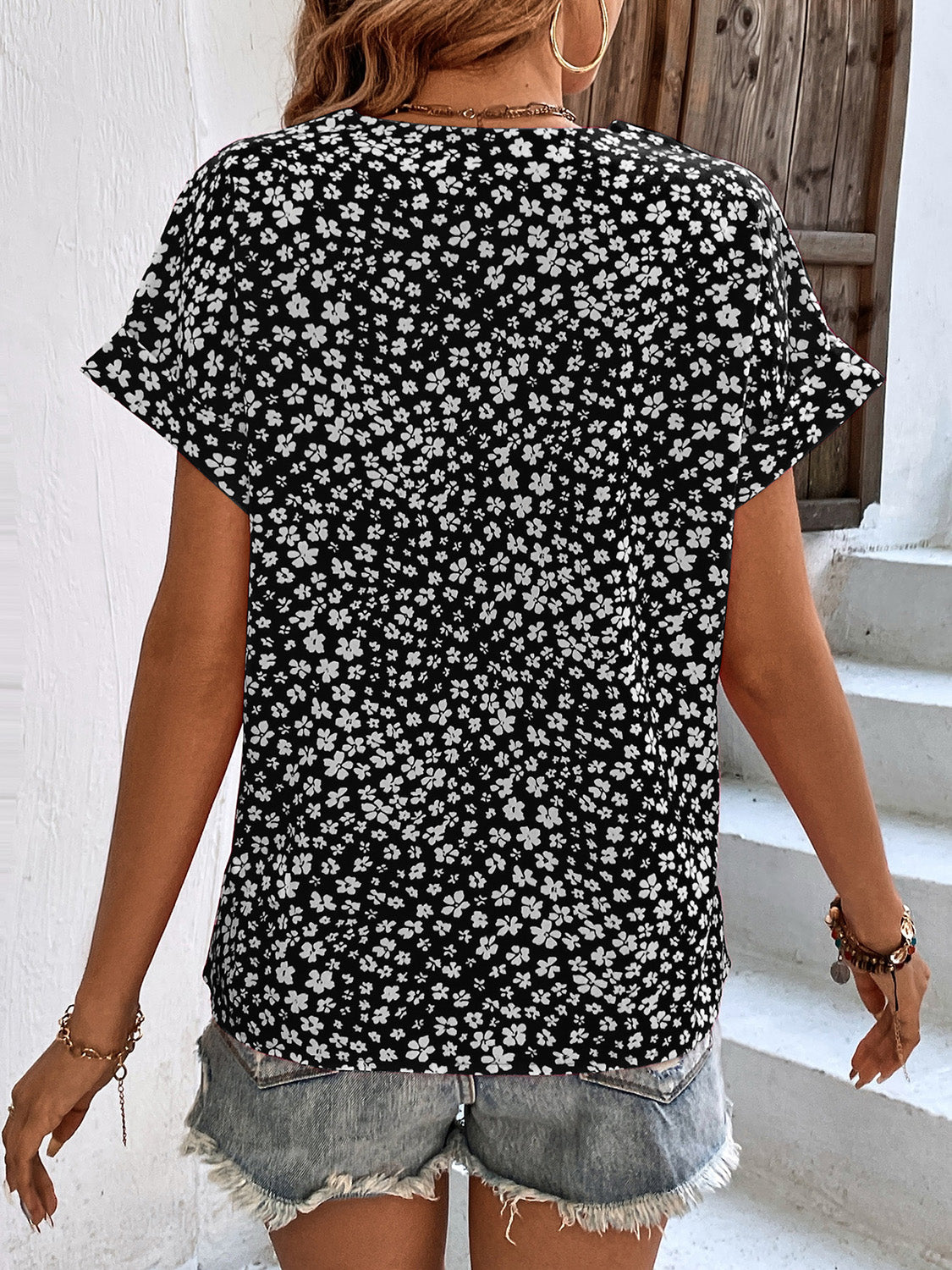 Printed V-Neck Short Sleeve Blouse nicholesgifts