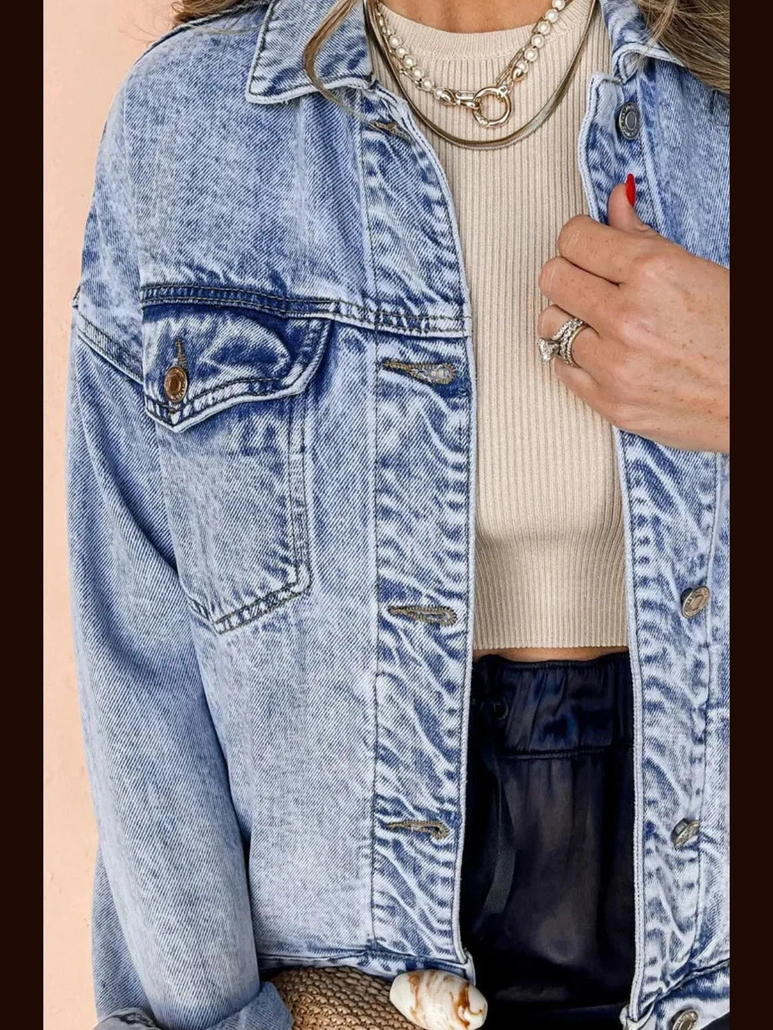 Pocketed Button Up Dropped Shoulder Denim Jacket nicholesgifts