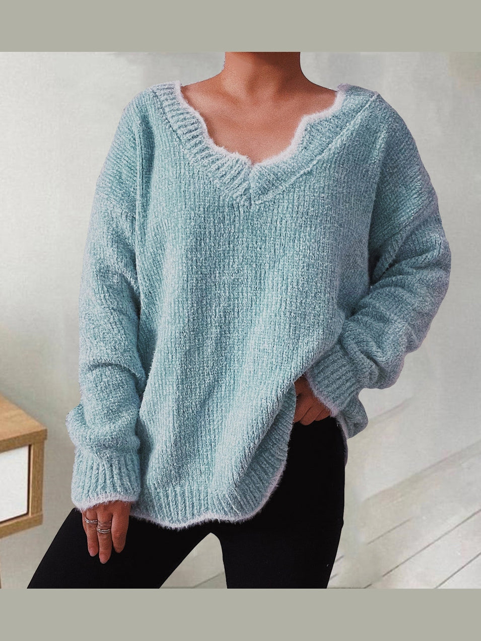 V-Neck Drop Shoulder Long Sleeve Sweater Trendsi