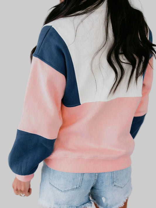 Women Color block Patchwork Half Button Baggy Sweatshirt nicholesgifts