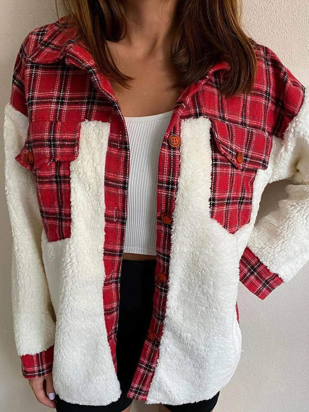 Fuzzy Button Up Long Sleeve Jacket nicholesgifts