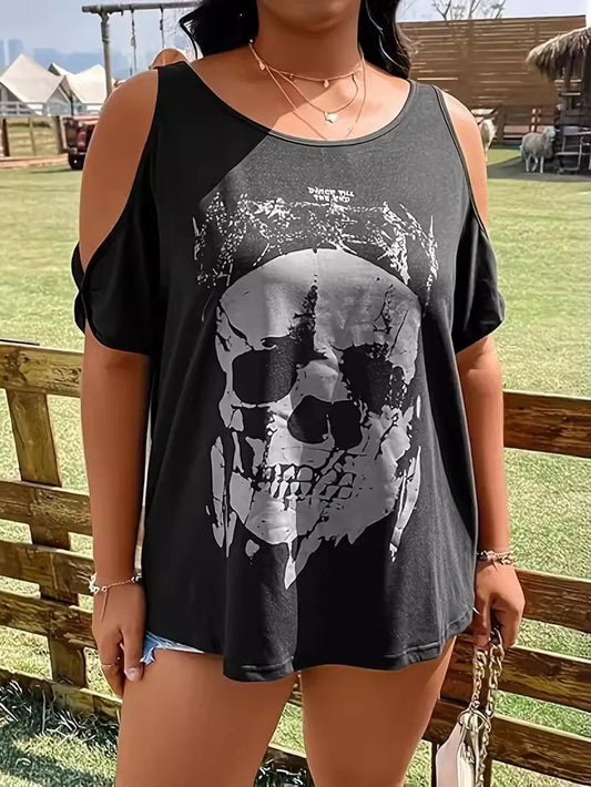 Plus Size Skeleton Graphic Round Neck Cold Shoulder T-Shirt NicholesGifts