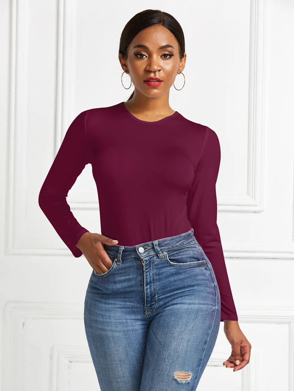 Round Neck Long Sleeve Bodysuit nicholesgifts
