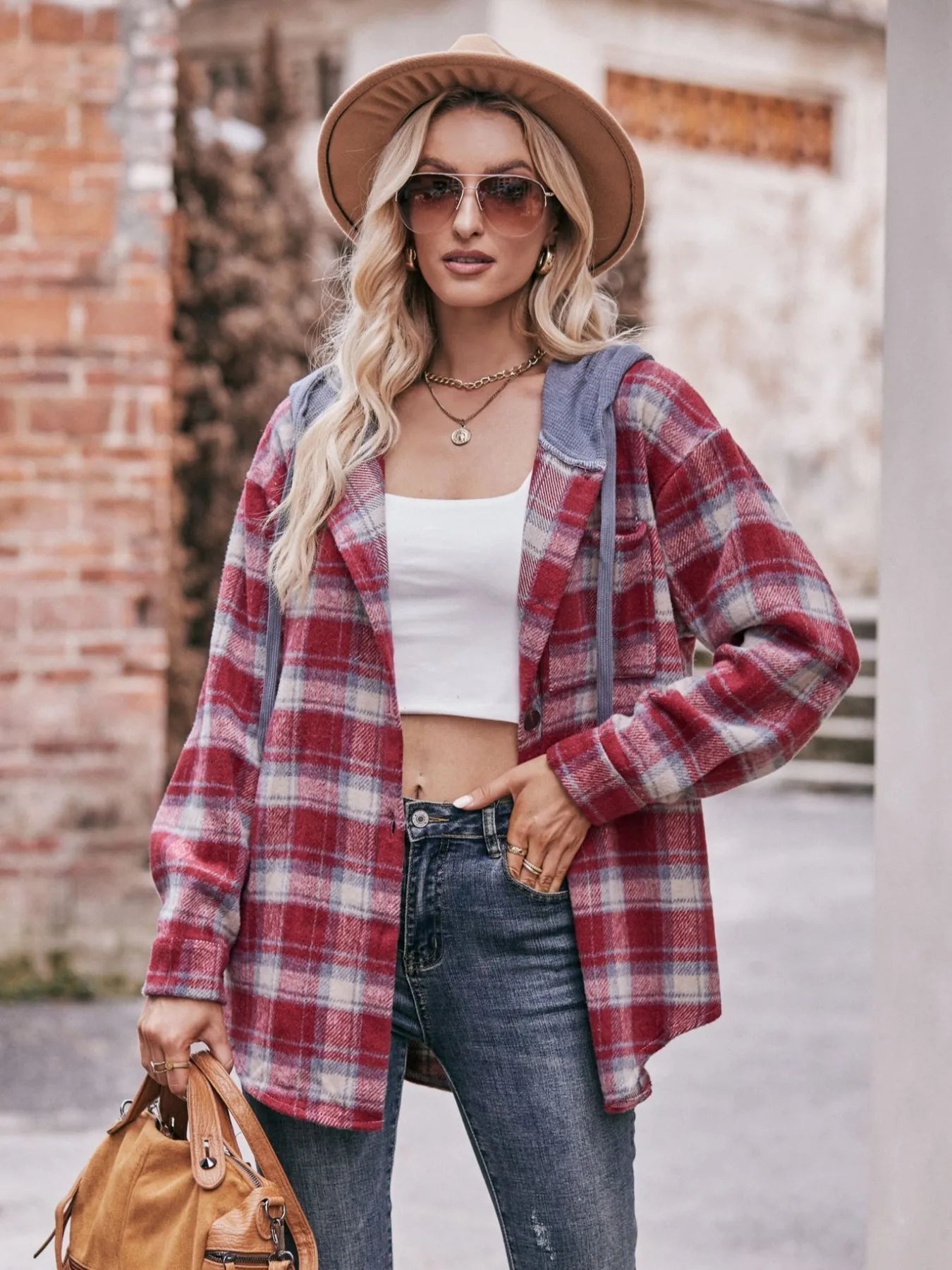 Oversized Plaid Button Up Shacket Trendsi