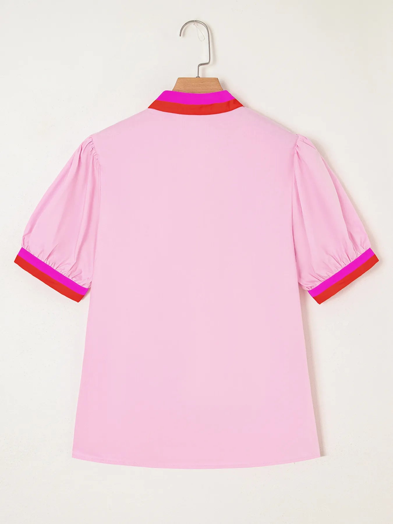 Contrast Trim Notched Short Sleeve Blouse NicholesGifts