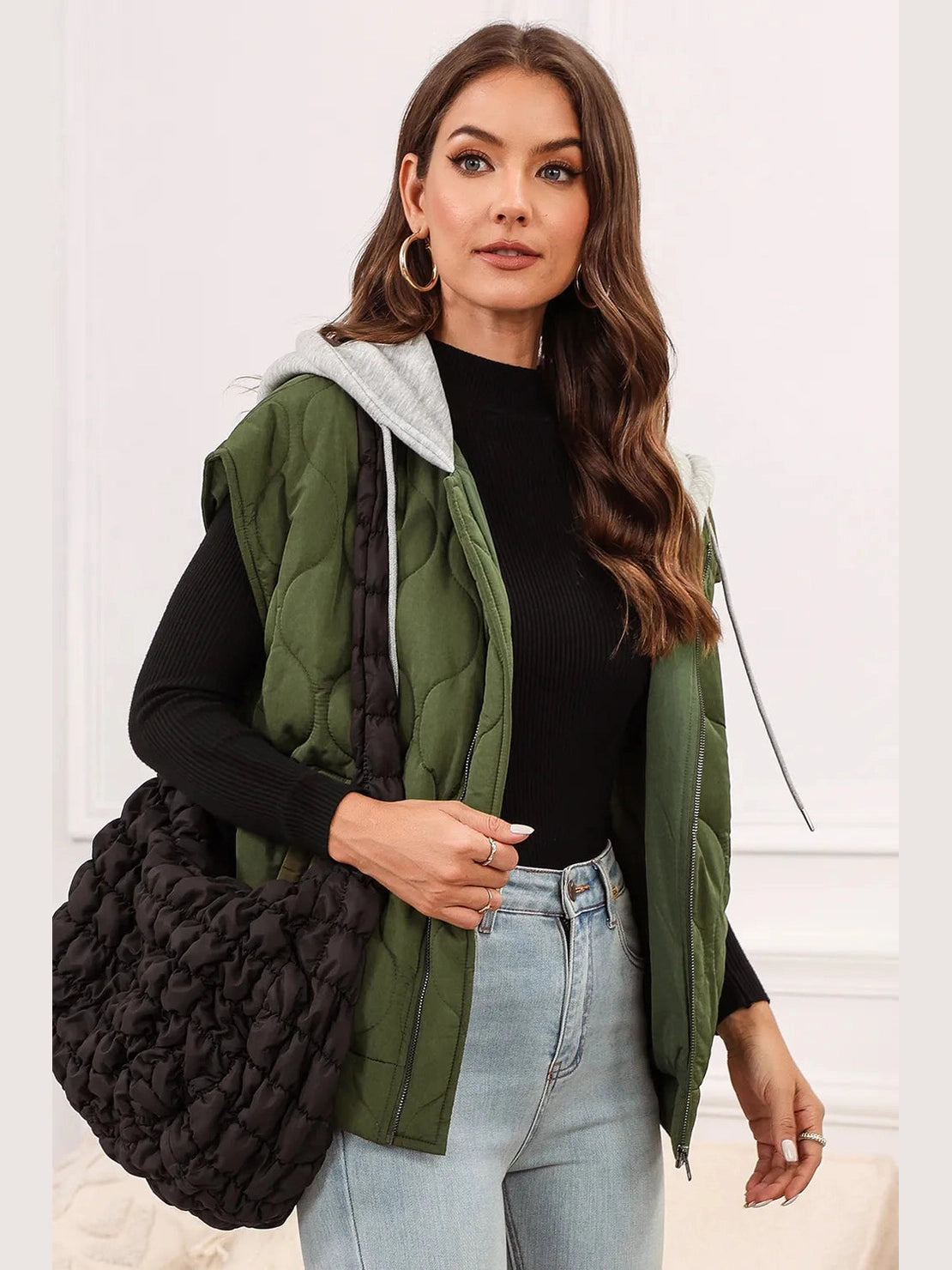 Drawstring Zip Up Hooded Vest Coat nicholesgifts
