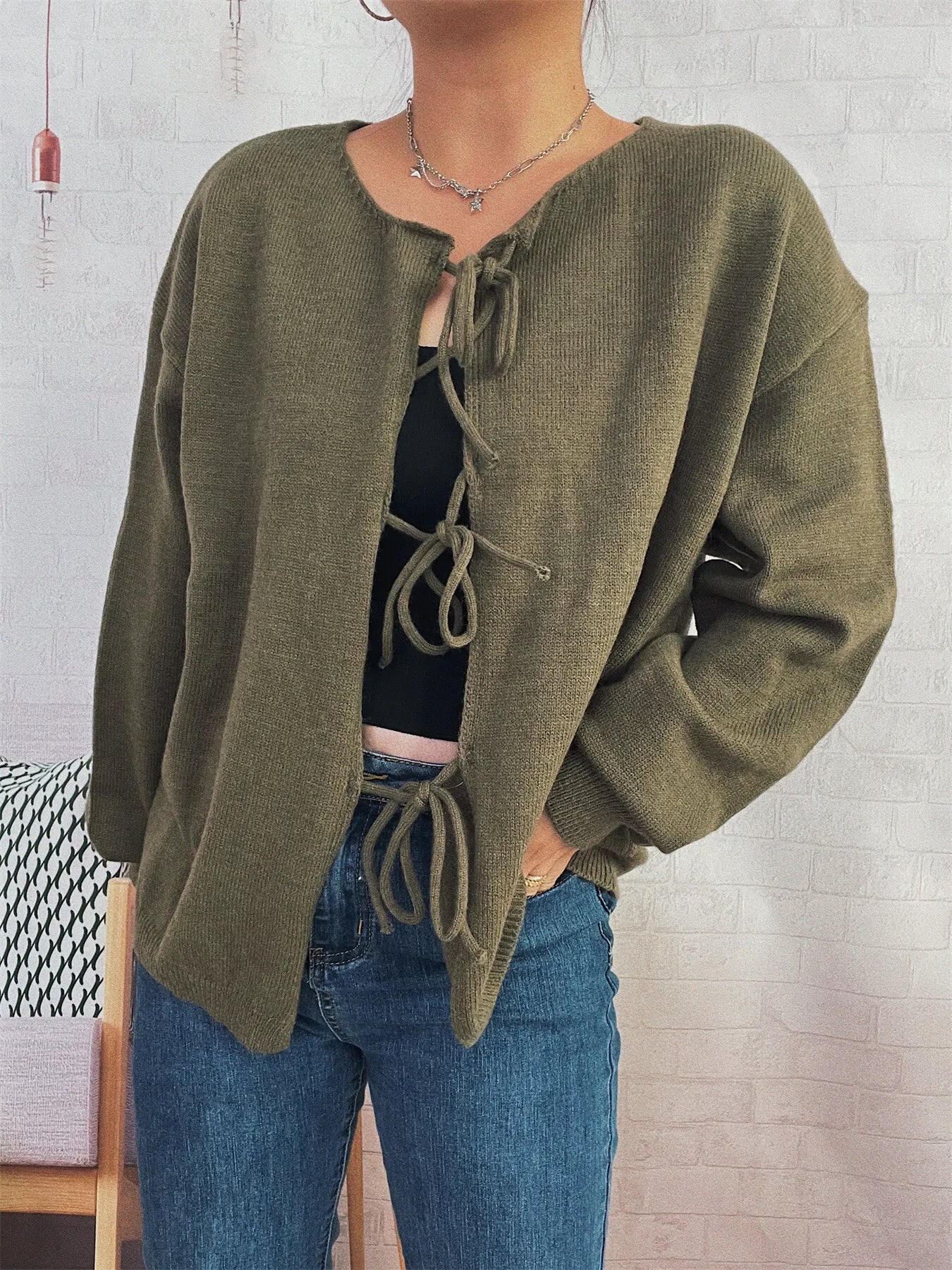 Tie Front Drop Shoulder Cardigan Trendsi