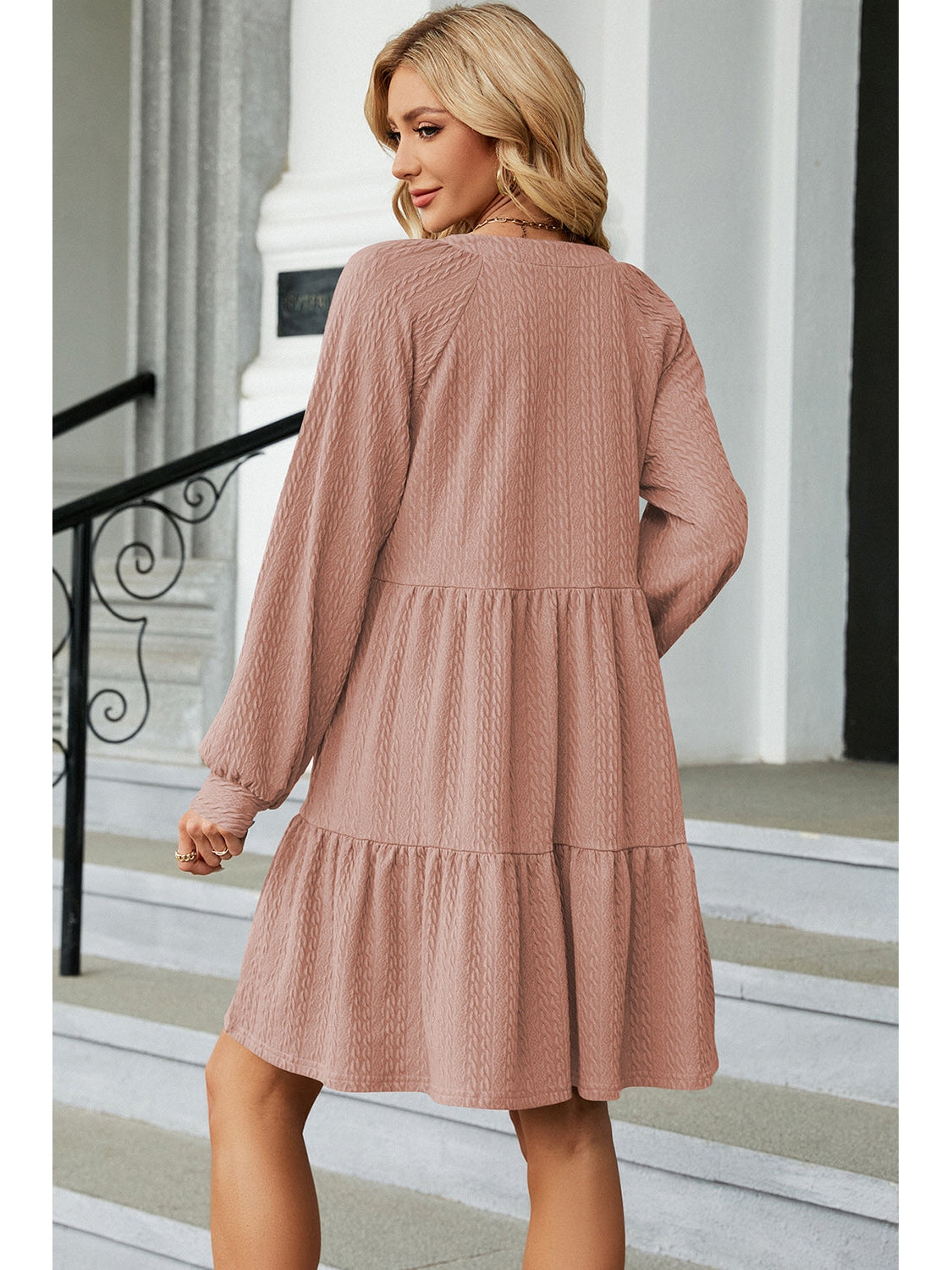 Ruched Notched Long Sleeve Mini Dress nicholesgifts