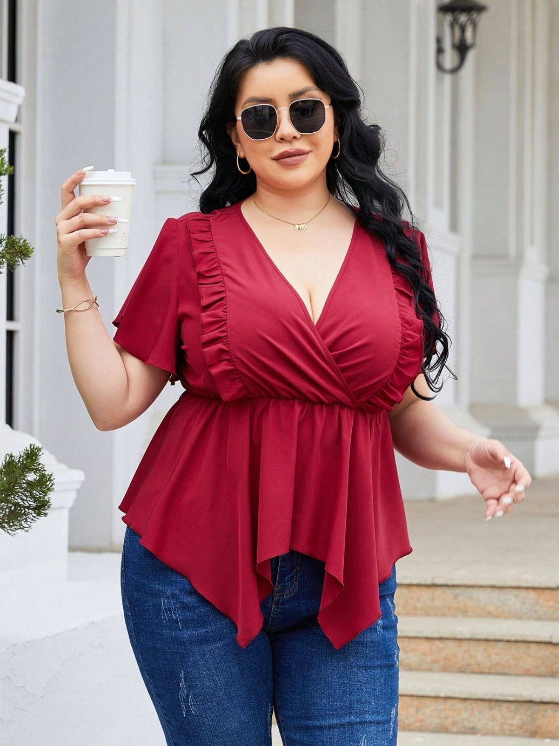 Plus Size Frill Surplice Flutter Sleeve Blouse nicholesgifts