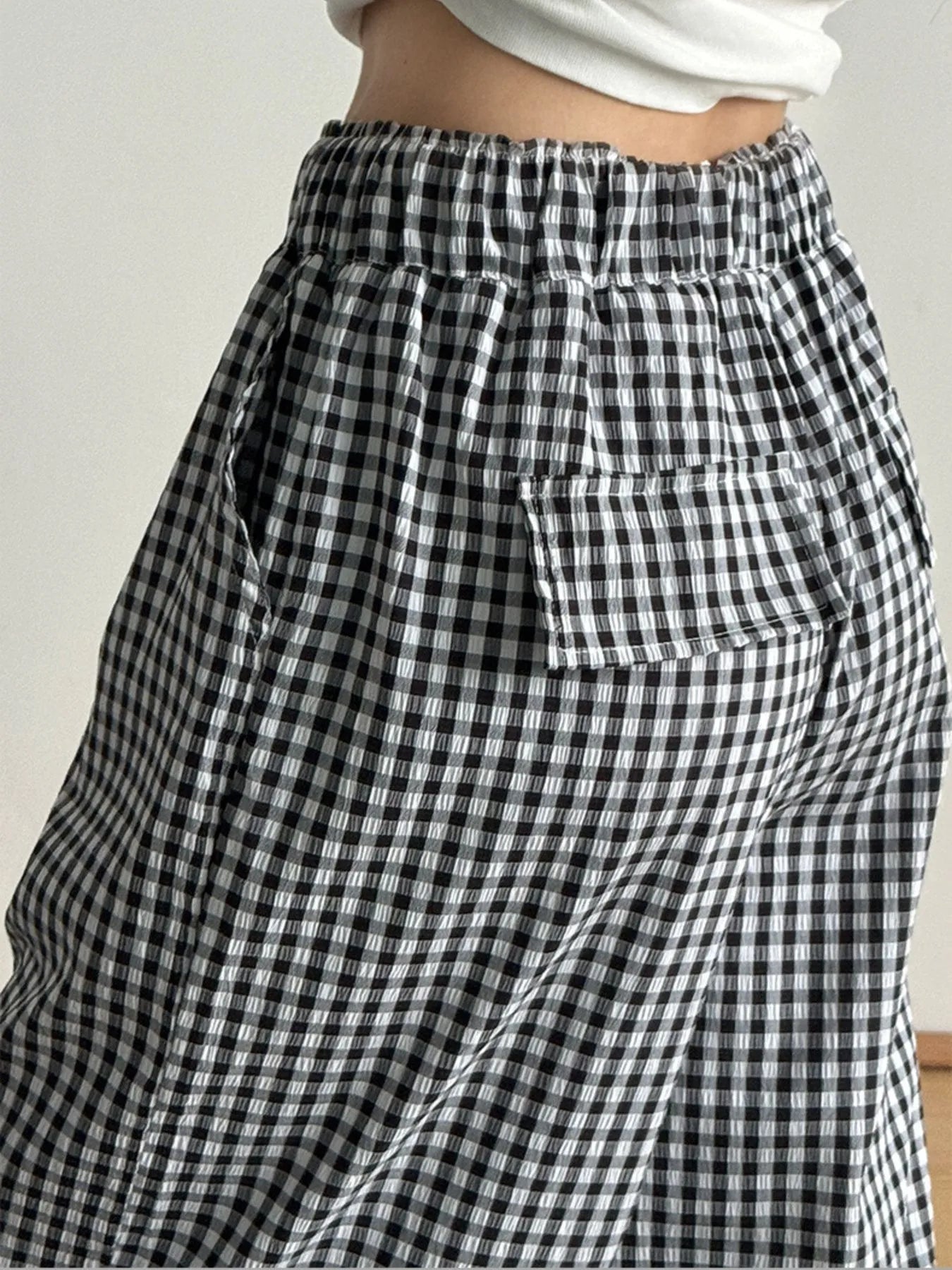 Gingham Check Wide Leg Casual Pants Trendsi