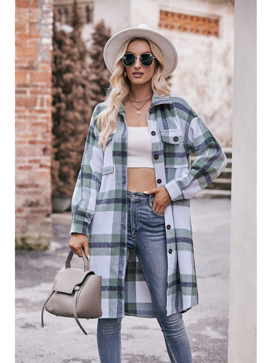 NicholesGifts Women Mandy Plaid Dropped Shoulder Longline Jacket