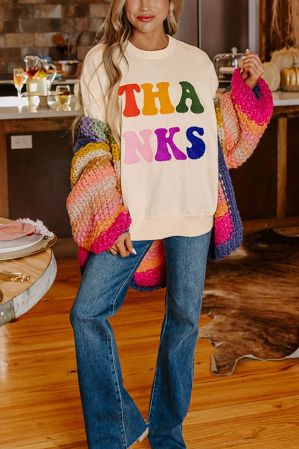 THANKS Round Neck Long Sleeve Sweatshirt Trendsi