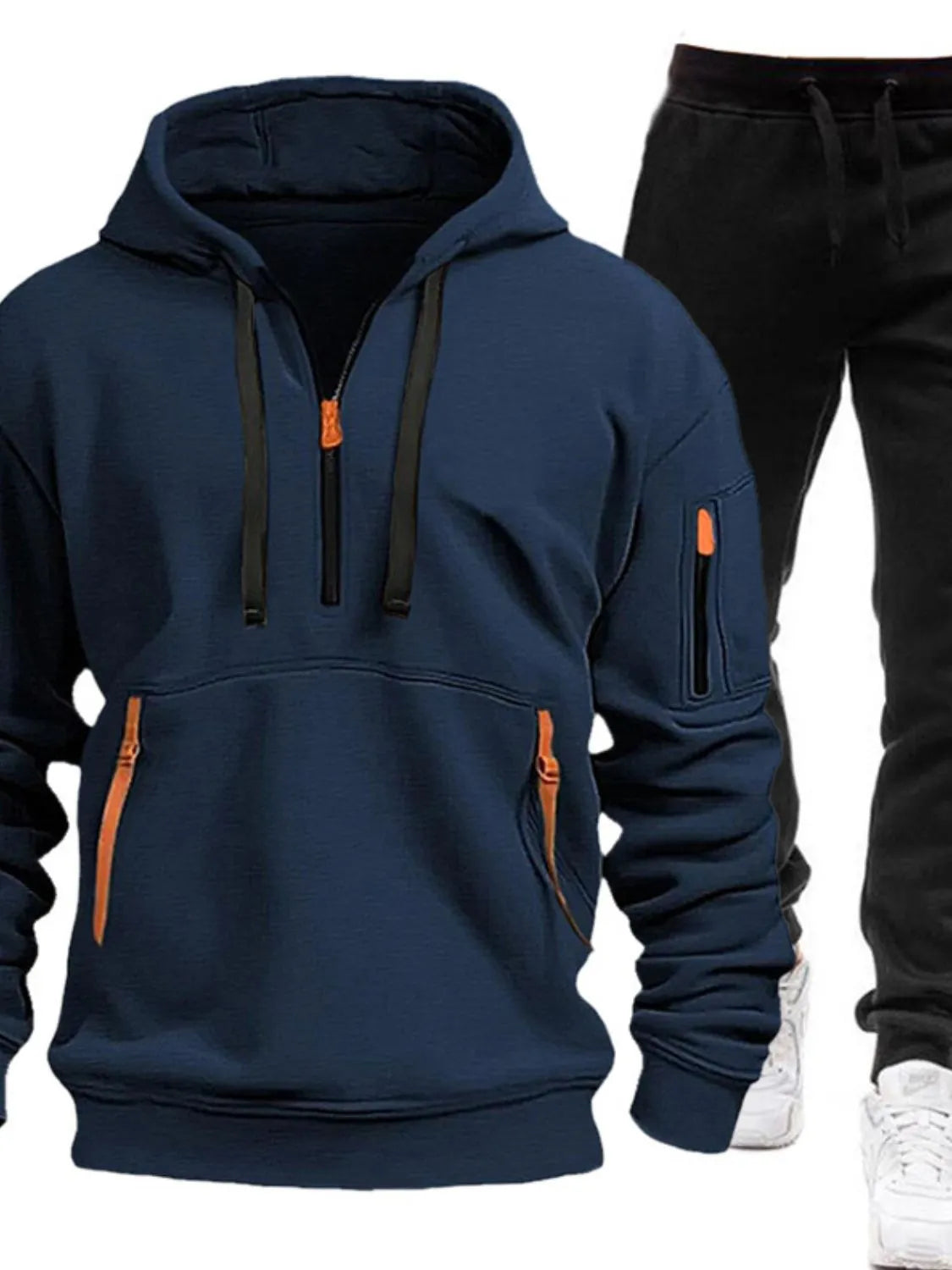 Men's Full Size Drawstring Half Zip Hoodie and Pants Set Plus Size NicholesGifts