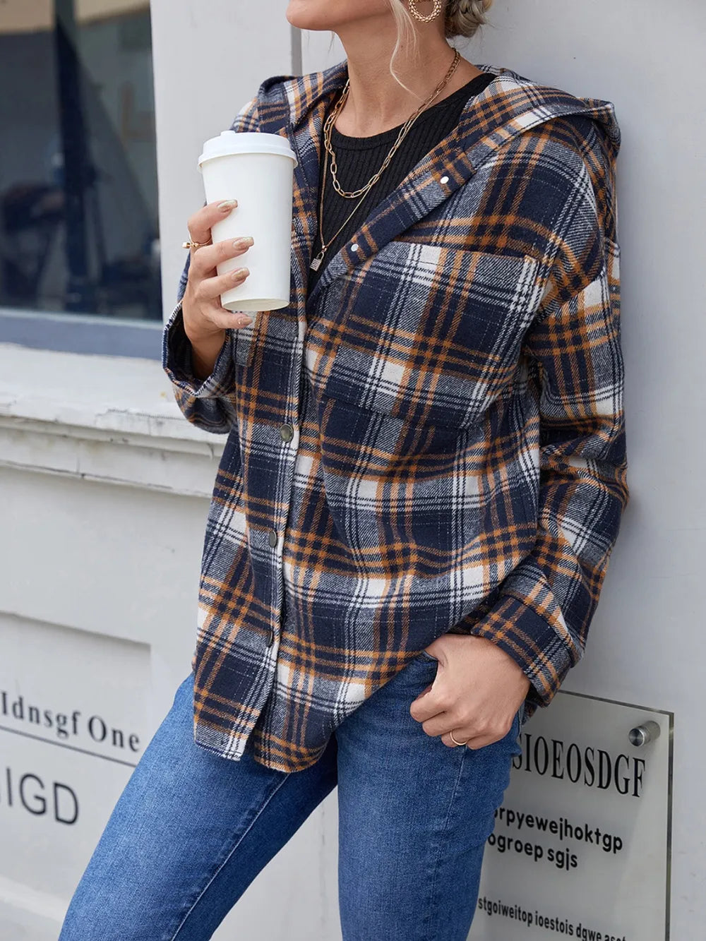 Ivy Lane Plaid Button Up Long Sleeve Hooded Jacket nicholesgifts