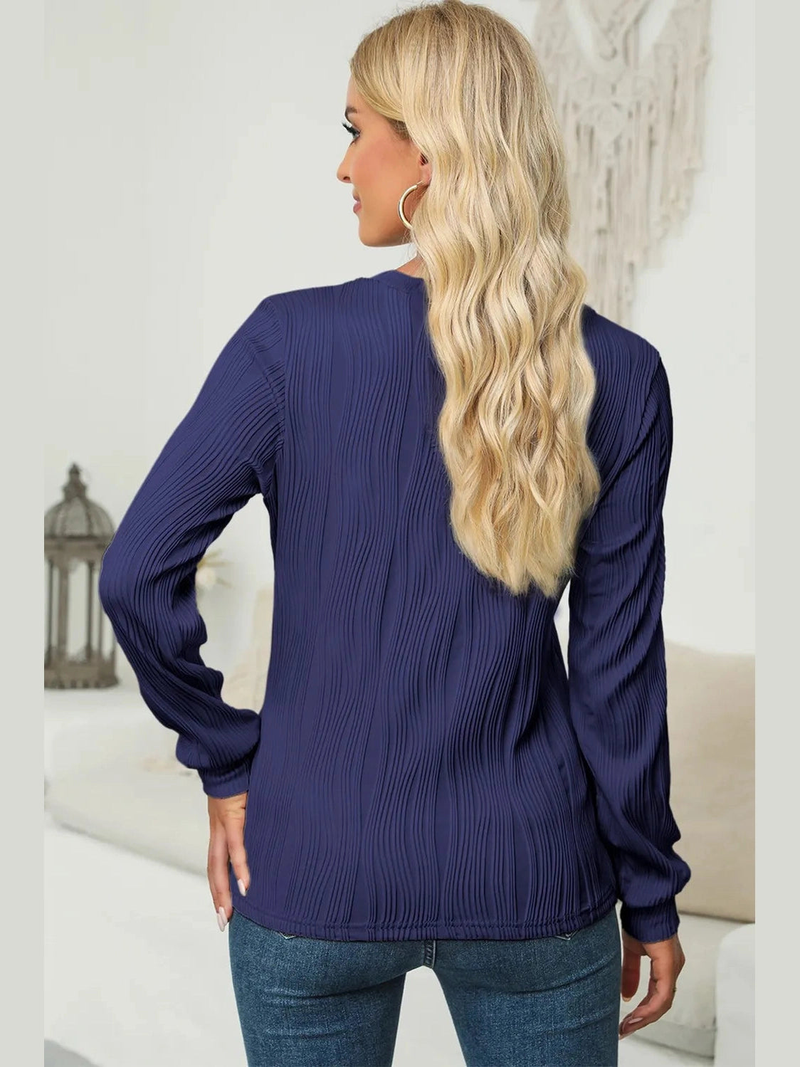 Textured Round Neck Long Sleeve Blouse NicholesGifts
