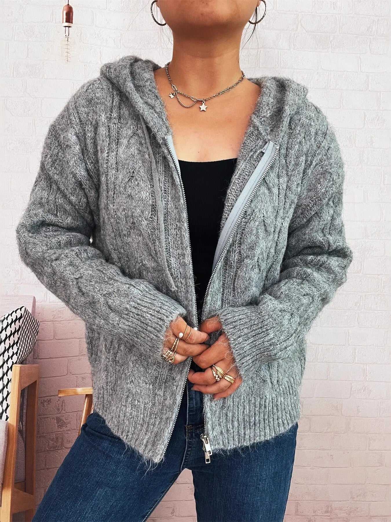 Cable Knit Hooded Zip-Up Cardigan