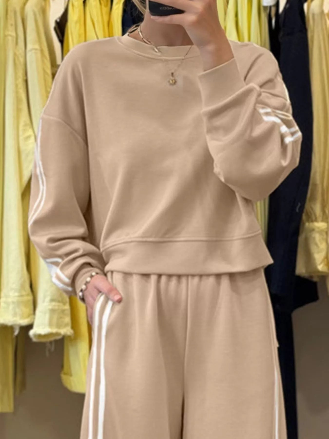 Striped Detail Crewneck Top and Elastic Sweatpants 2pcs Set Trendsi