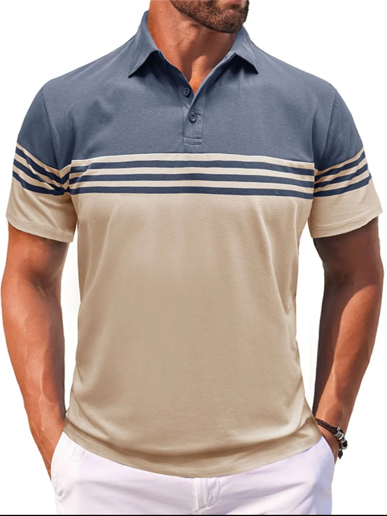 Men's Full Size Color Block Striped Polo Shirt Plus Size NicholesGifts