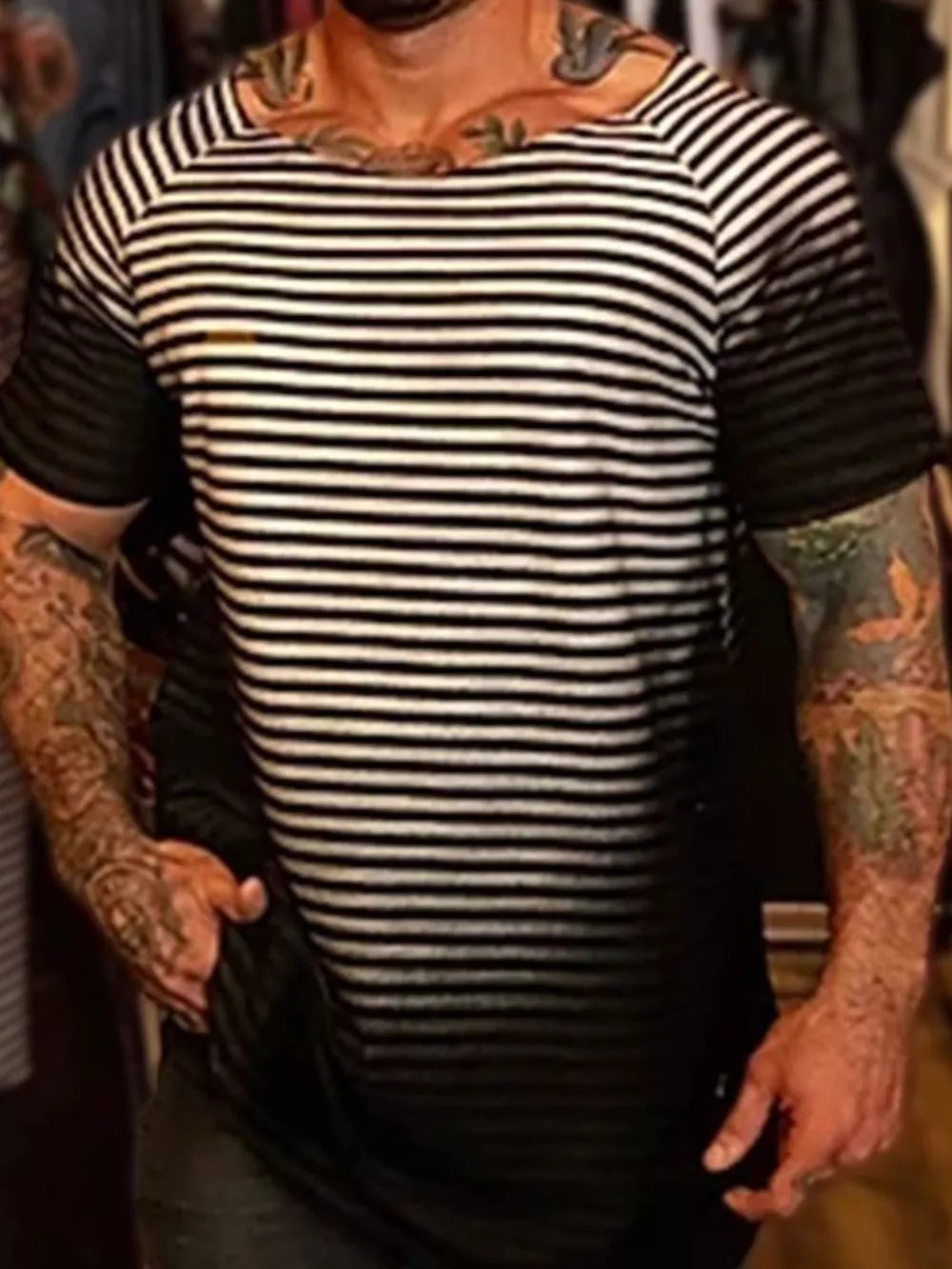 Men's Full Size Round Neck Short Sleeve Striped T-Shirt Plus Size NicholesGifts