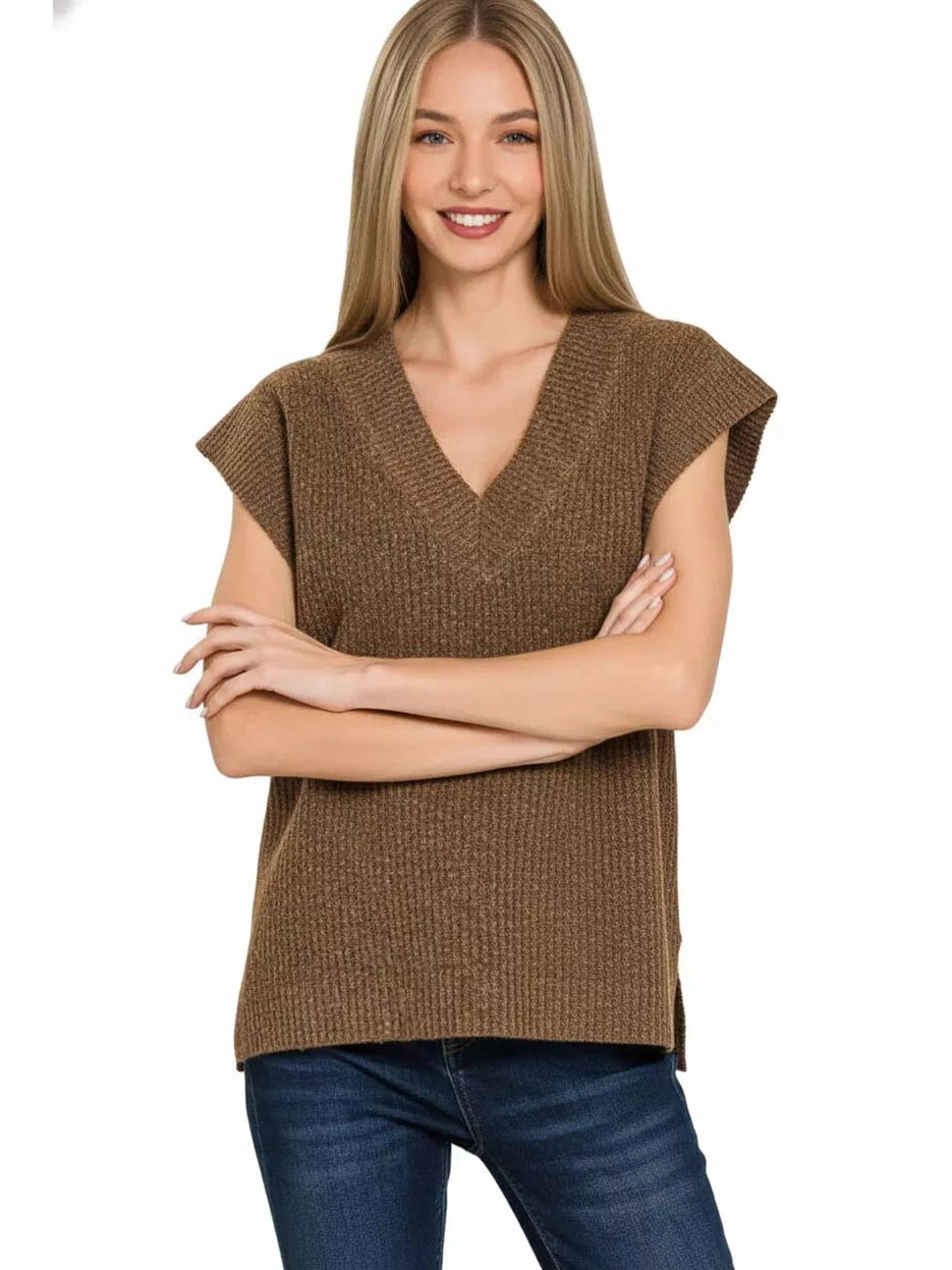 Zenana Ribbed Slit V-Neck Sweater Vest nicholesgifts