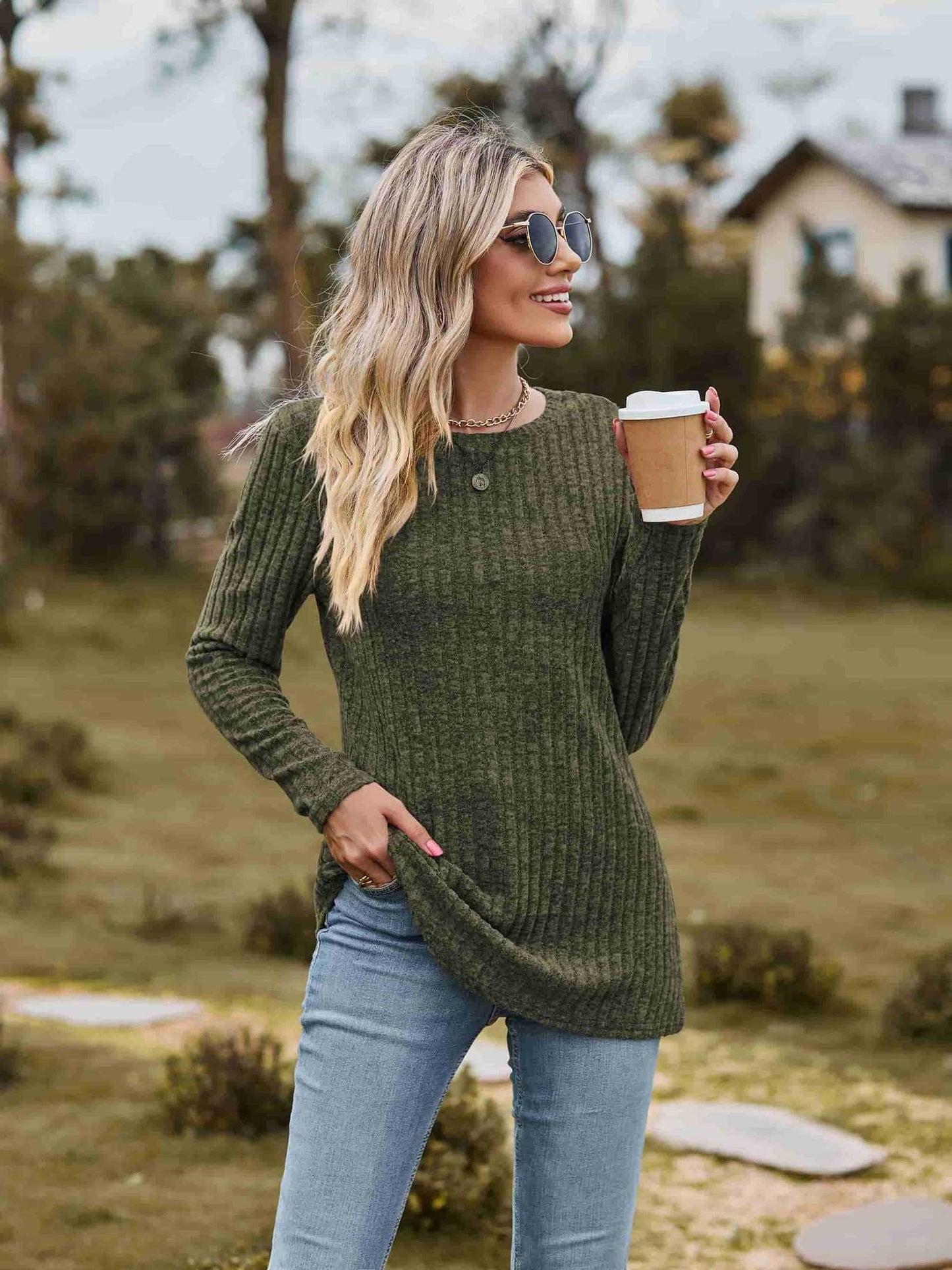 Ribbed Round Neck Long Sleeve Tee NicholesGifts
