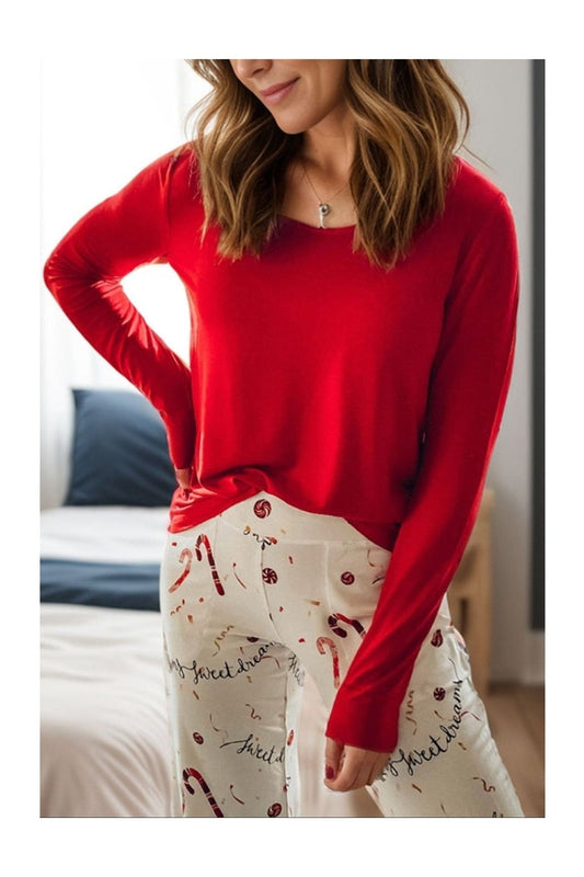 Round Neck Long Sleeve Top and Printed Pants Lounge Set