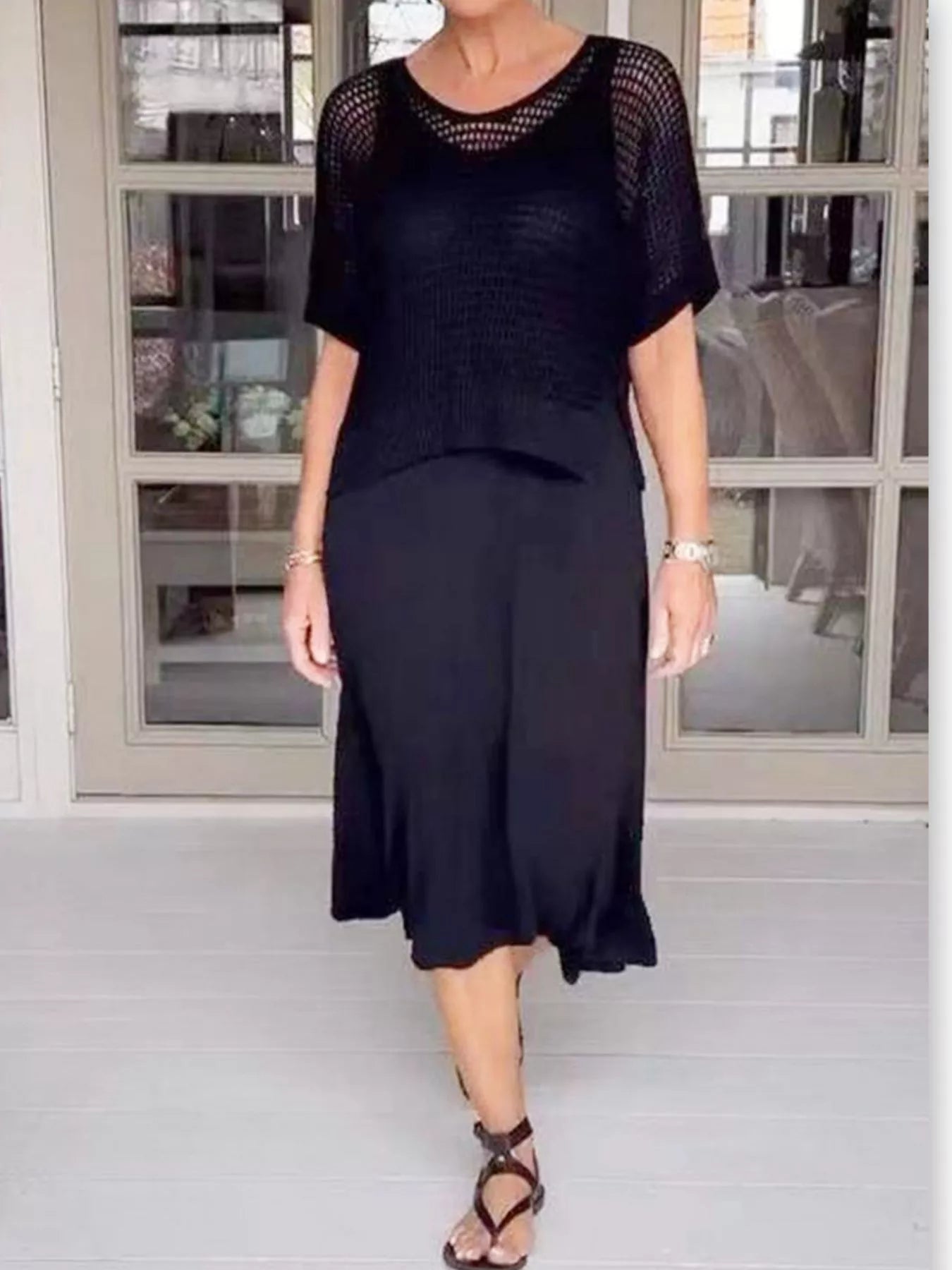 Full Size Openwork Knit Cover Up and Dress Set Plus Size Trendsi