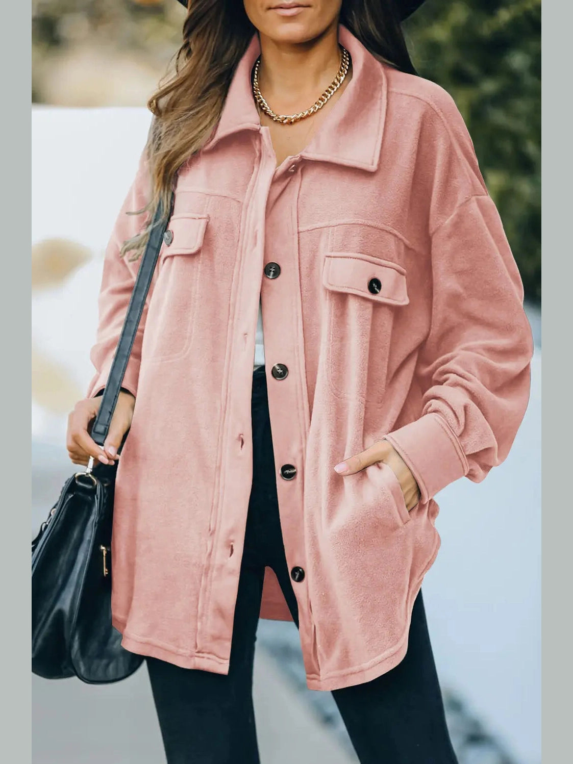 Button Up Collared Neck Long Sleeve Jacket nicholesgifts