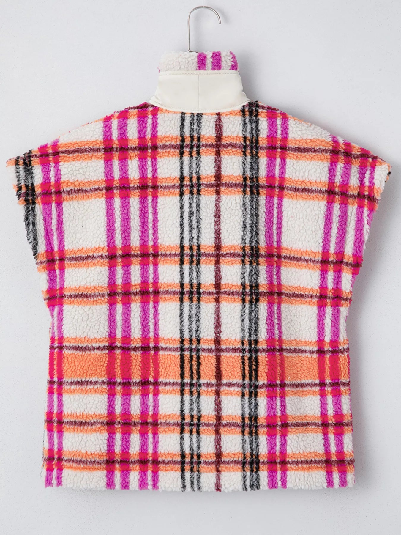 Sherpa Plaid Snap Down Vest Coat nicholesgifts