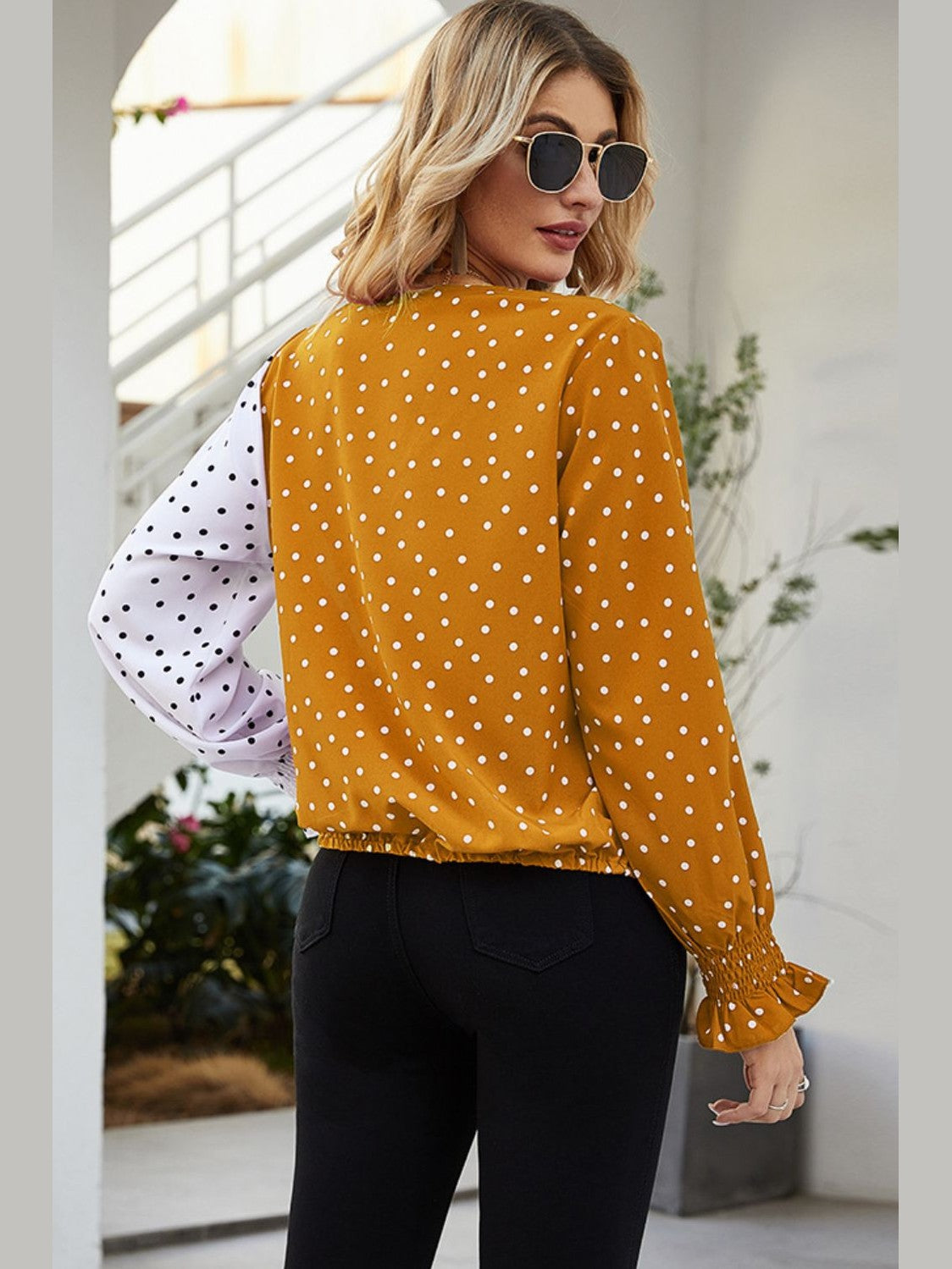 Ivy Lane Polka Dot Surplice Neck Lantern Sleeve Blouse
