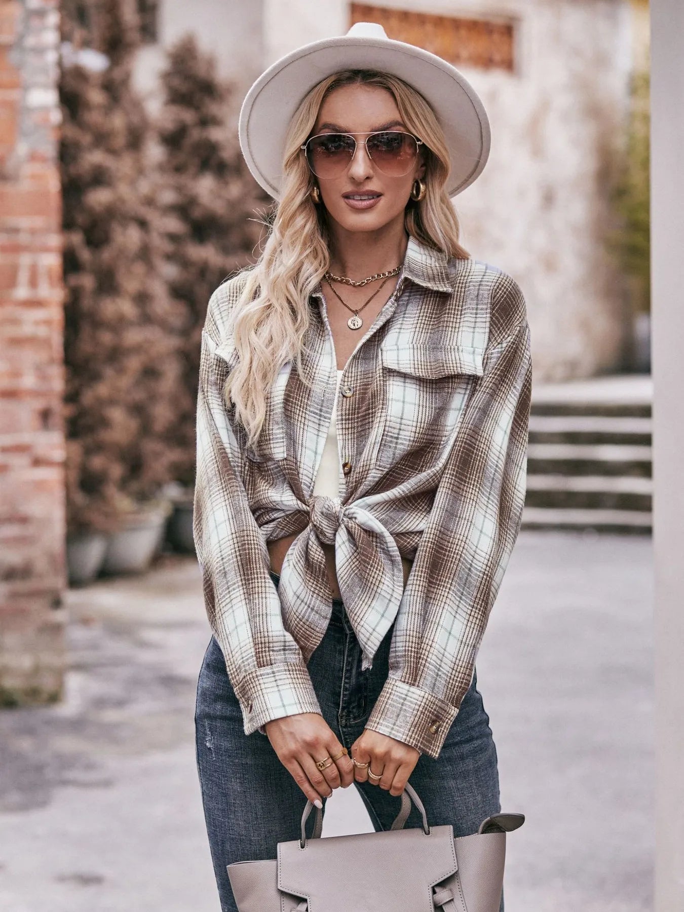 Plaid Button-Down Long Sleeve Shirt Trendsi