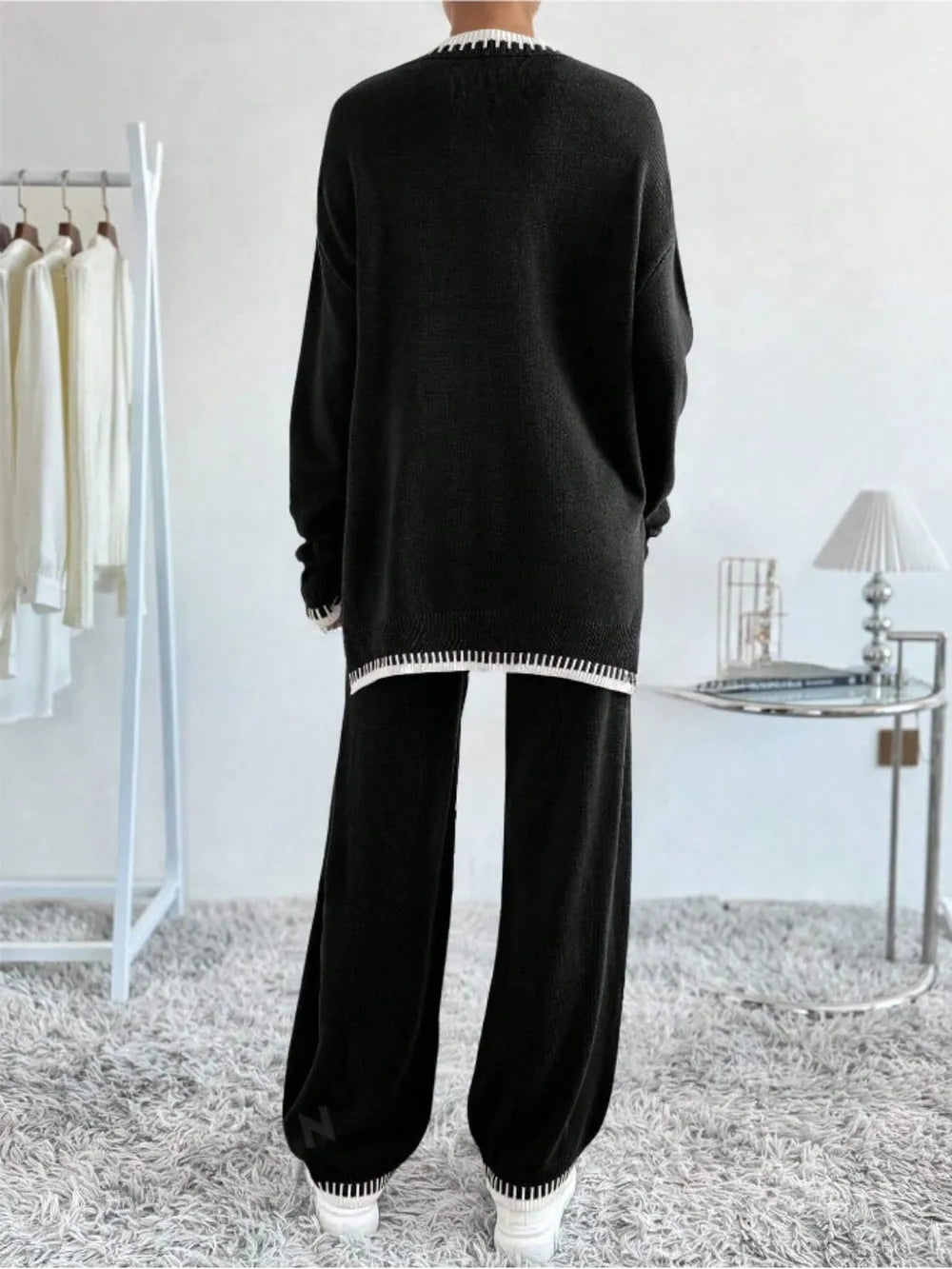 Side Slit Contrast Trim Round Neck Top and Pants Sweater Set nicholesgifts