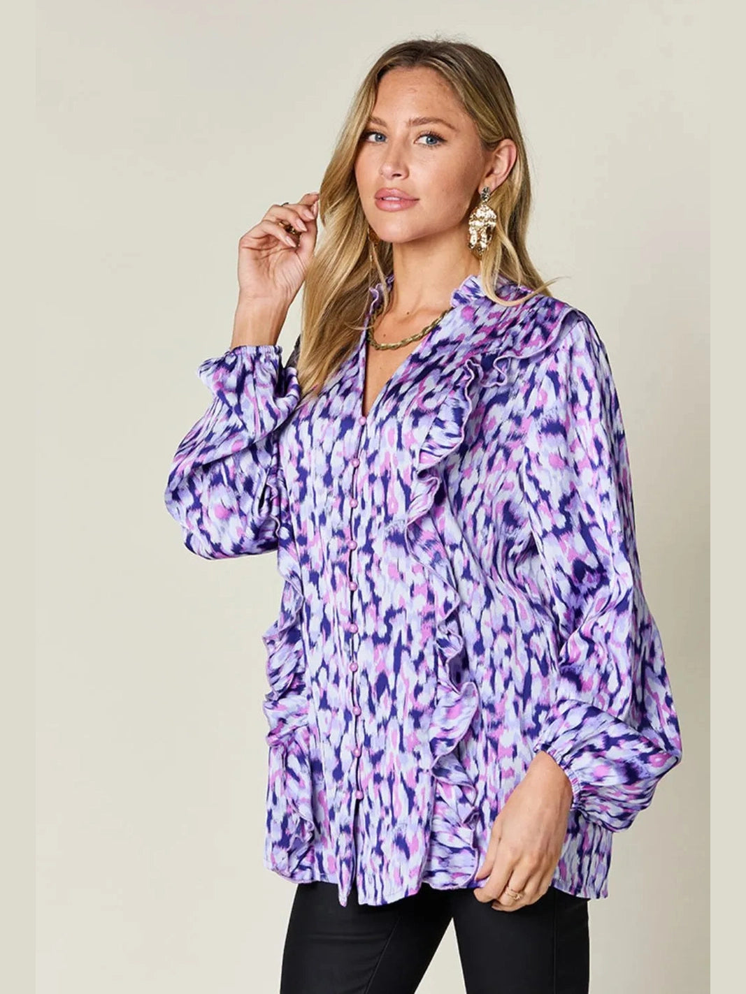 Double Take Full Size Printed Ruffle Trim Balloon Sleeve Shirt nicholesgifts