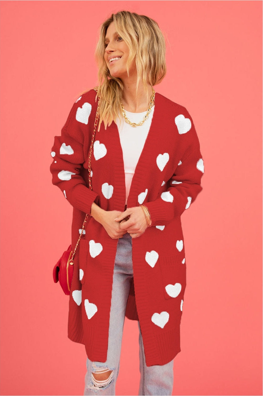 Heart Graphic Open Front Cardigan with Pockets nicholesgifts