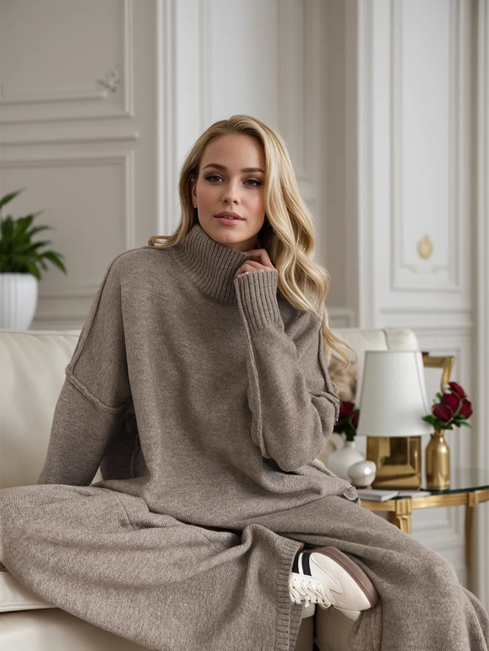 Slit Turtleneck Long Sleeve Top and Pants Sweater Set nicholesgifts
