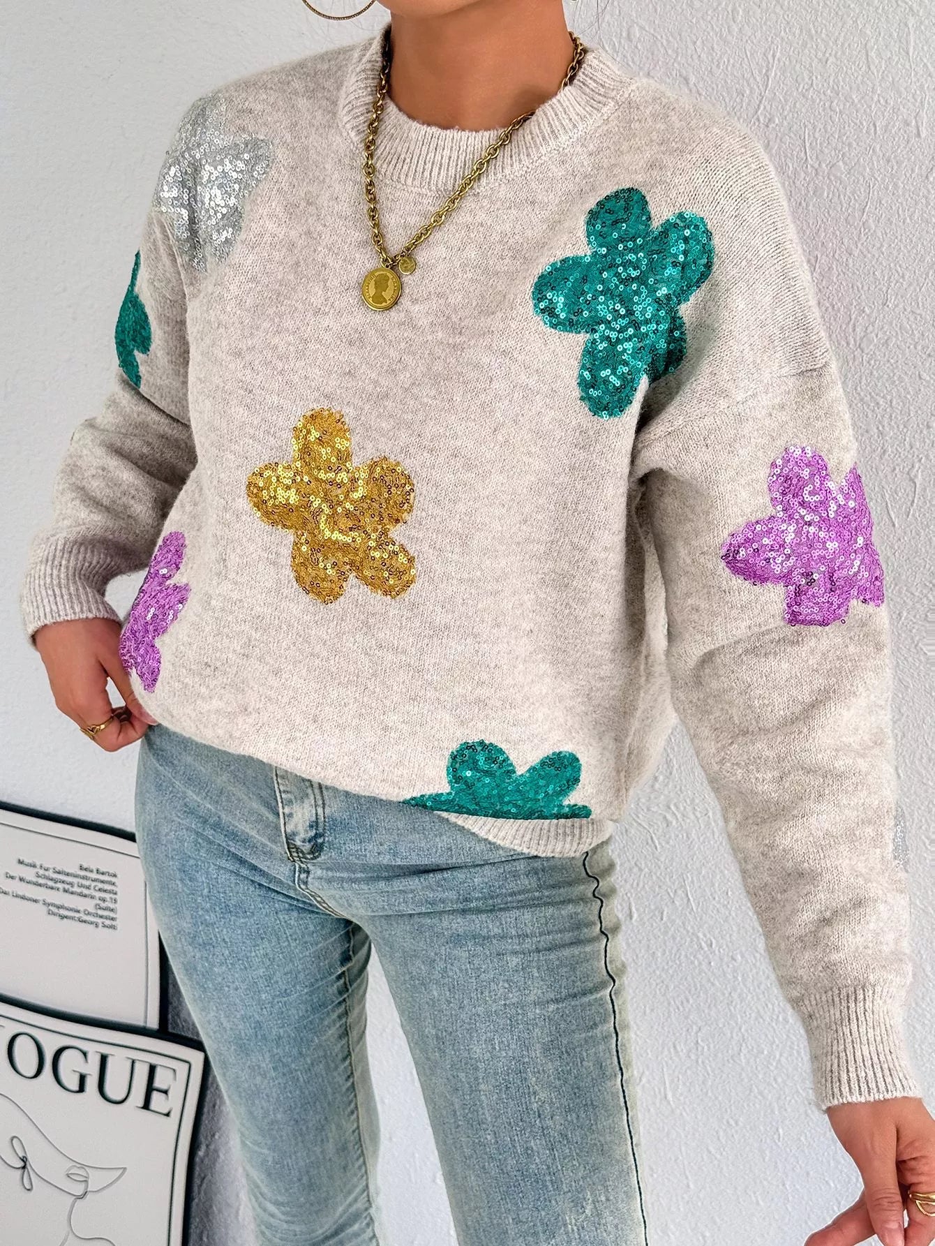 Sequined Floral Round Neck Sweater NicholesGifts